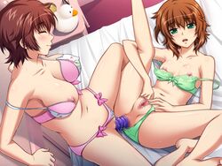 2girls anal anal_insertion areolae bed blush bra breasts brown_hair censored closed_eyes dildo female flat_chest game_cg green_eyes highres large_breasts leg_up legs lying multiple_girls navel nipples on_back panties pussy saiminjutsu_3 short_hair sitting smile sweat thighs underwear yoshino_keiko yuri