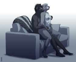 breasts closed_eyes female fluffy_tail kannos male milf mother mustelid nipples nude open_mouth otter parent plain_background sex sitting skunk sofa white_background