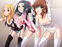 3girls against_glass areolae bent_over black_hair blonde_hair blush breasts brown_hair game_cg garter_straps highres long_hair looking_at_viewer medium_breasts multiple_girls nipples panties saiminjutsu_3 short_hair small_breasts thighhighs underwear wet yoshino_keiko