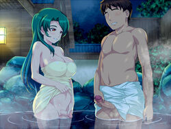 1boy bare_shoulders blush breasts censored cleavage erection female futa_is_smaller futa_sans_balls futa_with_male futanari green_hair intersex large_breasts long_hair lowres masturbation penis penis_size_comparison penis_size_difference potato_house red_eyes smile testicles water zantei