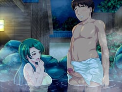 1boy blush breasts censored cleavage female green_hair hand_to_mouth large_breasts long_hair lowres masturbation open_mouth penis potato_house red_eyes smile testicles towel water zantei