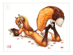 2013 4_toes anthro ass barefoot blue_eyes breasts brown_fur brown_nose canine claws female female_only fox fur furry_ass furry_breasts furry_ears furry_tail hair kacey legs_up licking licking_lips long_hair looking_at_viewer looking_back lying nipples nude on_front open_eyes orange_fur orange_hair petals pinup plain_background pointy_ears pussy raised_tail solo tail tongue white_background white_fur