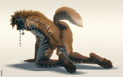 1boy 4_toes anal_beads anus ass balls claws digitigrade erection hindpaw hyena kannos kneeling looking_at_viewer male male_only nude pawpads paws penis plain_background presenting presenting_hindquarters sex_toy soles solo striped_hyena toes white_background