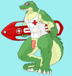 1boy alligator balls bottomless clothing eyewear flaccid goggles half-erect league_of_legends lifeguard male male_only muscles penis pool_party_renekton pool_party_series renekton reptile rescue_buoy scalie shirt solo wmruckwr