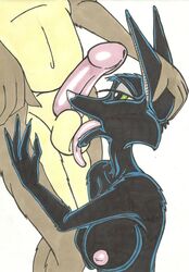 anthro anubis anubislaughed ball_licking balls big_penis canine circumcised deity fellatio female fur furry green_eyes jackal licking long_ears male oral oral_sex penis sex straight tongue tongue_out