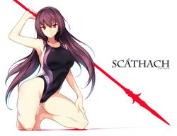 bare_shoulders breasts competition_swimsuit fate/grand_order fate_(series) female huge_breasts large_breasts long_hair one-piece_swimsuit red_eyes scathach_(fate) smile spear swimsuit thighs violet_hair voluptuous white_background