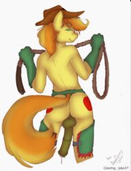 2013 anthro anthrofied ass balls blonde_hair braeburn_(mlp) chaps cowboy_hat cum cutie_mark dennis_carrigan dripping earth_pony equine friendship_is_magic fur green_eyes hair hat horse horsecock jobo37 looking_at_viewer looking_back male male_only my_little_pony penis pony precum rope solo