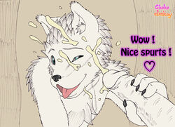 anthro black_nose blue_eyes canine chokodonkey comic cum donkey english_text equine fur furry gay male no_humans open_mouth penis text tongue tongue_out white_fur wolf