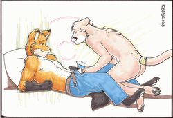 2boys anthro barefoot black_nose black_penis brown_eyes canine clothing cougar digitigrade erection eye_contact feline fox fur furry gay grix grixfox hindpaw lying male male_only meesh nipples no_humans nude on_back pants pawpads paws pecs penis penis_out pillow plain_background text topless traditional_media_(artwork) unzipping white_background