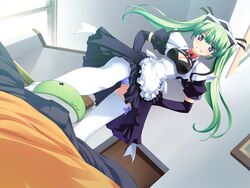 1boy 1girls blue_eyes breasts cameltoe character_request cleavage dutch_angle elbow_gloves emupii_maid_promotion_master female footjob from_below galette gloves green_hair grin hands_on_own_hips hetero homura_yukine indoors light_blush maid narrow_waist panties pantyshot penis shoejob slippers small_breasts smile source_request tamahiyo thighhighs tsuchimochi_riku twintails underwear white_thighhighs