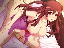 areolae bed breasts brown_hair censored female game_cg highres large_breasts lingerie long_hair looking_back lying negligee nipples no_panties red_eyes saiminjutsu_3 sex sitting sitting_on_person sweat vaginal_penetration yoshino_keiko