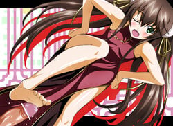 airando barefoot blush brown_hair censored chinese_clothes cute_fang female footjob green_eyes hair_ribbon highres huang_lingyin infinite_stratos long_hair long_sleeves open_mouth penis ribbon tied_hair twintails wink