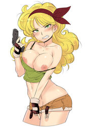 1girls areola areola_slip bad_launch belt blonde_hair blush breast_slip breasts busty cleavage dragon_ball dragon_ball_(classic) fangs female female_only gloves green_eyes gun hair_ribbon handgun human large_breasts launch lunch_(dragon_ball) nipple_slip nipples oohara_kyuutarou pistol shorts solo tank_top unbuckled_belt voluptuous weapon