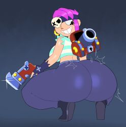 1girls ass big_ass big_butt brawl_stars clothed clothing penny_(brawl_stars) sitting smile solo_focus squatting supercell zrfurious