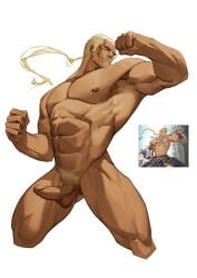 1boy abs armpit_hair armpits ass_visible_through_thighs bara biceps blonde_hair closed_mouth completely_nude cropped_legs dark-skinned_male dark_skin facial_tattoo fighting_stance fire_emblem fire_emblem:_the_blazing_blade fire_emblem_heroes hawkeye_(fire_emblem) highres huge_pectorals large_pectorals male male_focus male_only mature_male muscular muscular_male my_eight navel nipples nude pectorals penis ponytail pubic_hair reference_inset solo solo_male strongman_waist tattoo testicles thick_thighs thighs topless_male uncensored white_background