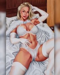 1female 1girl 1girls 1woman 2d bed blonde blonde_female blonde_hair blonde_hair_female blue_eyes breasts chris_comicart emma_frost female female_only female_solo girl girl_only hellfire_club large_breasts marvel marvel_comics on_bed panties solo solo_female solo_focus spread_legs white_queen woman x-men