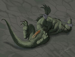 anus barbs basilisk blindfold bondage bound claws erection feral green_scales legs_up lying male male_only on_back penis reptile scalie simple_background slash0x solo spread_legs spreading tongue tongue_out