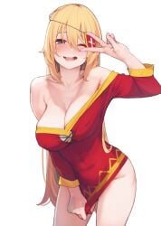 abs ataruman bare_shoulders blonde_hair blush bottomless breasts cleavage collarbone cute darkness_(konosuba) eyepatch_removed green_eyes kono_subarashii_sekai_ni_shukufuku_wo! large_breasts legs megumin_(cosplay) peace_sign shirt_pull