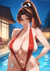 1girls 2d ai_generated big_breasts brown_hair fatal_fury hand_on_hip mai_shiranui night ponytail pool poolside red_sling_bikini sling_bikini solo solo_female solo_focus standing tagme