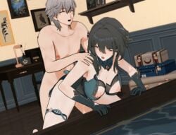 1boy 1girls 3d_(artwork) animated bent_over black_hair blue_eyes breasts caelus_(honkai:_star_rail) cum cum_inside from_behind gloves hnamomo honkai:_star_rail honkai_(series) jiggling_breasts leaning_forward nude on_knees orgasm penetration pleasure_face rough_sex ruan_mei_(honkai:_star_rail) sex sex_from_behind silver_hair thigh_strap thrusting