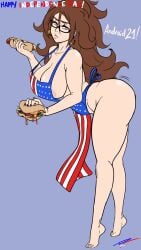 1girls 4th_of_july android_21 android_21_(human) apron apron_only bare_shoulders barefoot big_breasts blue_eyes brown_hair cheeseburger cleavage dragon_ball dragon_ball_fighterz fakeryway female food glasses hotdog huge_breasts independence_day long_hair naked_apron pleasure_castle solo voluptuous