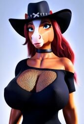 3d ai_generated anthro blue_eyes choker cleavage cowboy_hat equid equine eyebrows eyelashes female female_focus female_only hat horse lips majorfluffy mesh mesh_shirt nipple_bulge novelai off_shoulder red_hair solo solo_anthro solo_female solo_focus tagme