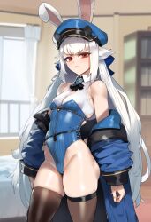 ai_generated bed bedroom blue_clothing breasts bunny_ears hair hat long_hair police_hat police_uniform red_eyes room shoulders small_breasts tagme tevi tevi_(tevi) tharkica thick_thighs white_hair