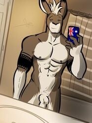 2013 abs anthro australia balls bathroom bgn biceps big_muscles brown_fur cellphone hair iphone kangaroo male male_only marsupial marsupial_penis mohawk muscles navel nipples nude pecs penis phone selfie solo sydney_o'connell tattoo white_fur white_hair