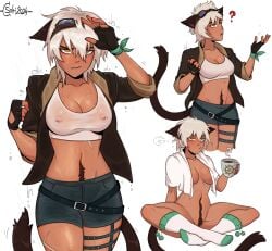 1girls belt big_breasts blush cat_ears cat_tail catgirl chronasolti coffee confused dark_skin goggles nipple_bulge nipple_piercing nipples_visible_through_clothing original_character pubic_hair pubic_hair_peek short_hair shorts socks solo towel wet_clothes white_hair