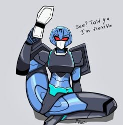 1girls azzertyimages black_panties blue_body cameltoe english_text flexible grey_background mouth_mask nightracer panties red_eyes robot robot_girl robot_humanoid solo text transformers