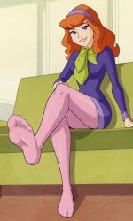 2d accurate_art_style ai_generated breasts cartoon_network daphne_blake daphne_blake_(mystery_incorporated) dress feet foot_fetish green_scarf pantyhose pink_pantyhose purple_dress red_hair scarf scooby-doo scooby-doo!_mystery_incorporated sitting