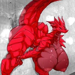 anthro areola ass big_breasts big_butt bodily_fluids breasts cottontail dragon female genital_fluids hi_res horn looking_at_viewer mythological_creature mythological_scalie mythology nipples nude scales scalie smile solo tail wingless_dragon