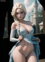 1girls bare_arms bare_legs bare_shoulders bare_thighs big_breasts blonde_hair blue_eyes blush clothed clothing color disney elsa_(frozen) female female_focus female_only flowerxl frozen_(film) hi_res large_breasts light-skinned_female light_skin long_hair looking_at_viewer no_bra panties solo solo_female tagme thick_thighs