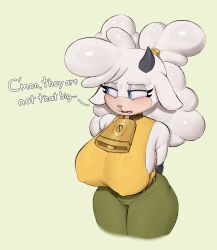 anthro bell bell_collar big_breasts blue_eyes blush clothed clothing collar female furry green_pants horn lanolin_the_sheep nipple_bulge nipples sideboob simple_background solo sonic_(series) text tzuni26 white_body white_fur white_hair wide_hips yellow_shirt