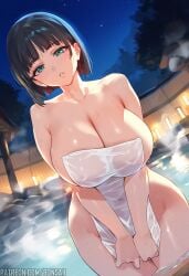 1girls ai_generated bare_arms bare_legs bare_shoulders bare_thighs big_breasts black_hair blue_eyes blush bons_ai color female female_focus female_only hi_res hot_spring kirigaya_suguha large_breasts light-skinned_female light_skin looking_at_viewer nude nude_female short_hair solo solo_female sword_art_online tagme thick_thighs towel water wet