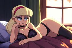 aged_up ai_generated bedroom gravity_falls laying_on_bed lingerie novelai pacifica_northwest