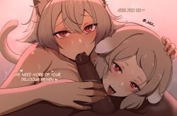 2girls1boy big_breasts blowjob blush cat_ears faceless_male fellatio furry gray_hair group_sex horny_female interracial licking_penis linia_dedoldia mushoku_tensei niui nude_female oral oral_sex pursena_adoldia wolf_ears