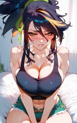 abs ai_generated akali bed biting_lip black_hair black_tank_top jacket league_of_legends looking_at_viewer orange_eyes short_shorts tagme tank_top v_arms yellow_highlights