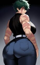 1girls ai_generated ass ass_focus big_ass big_breasts big_butt fat_ass female fit_female from_behind from_below huge_breasts jeans jujutsu_kaisen looking)at_viewer looking_back_at_viewer muscular_female muscular_thighs scar smirk solo thick thick_ass thick_butt thick_legs thick_thighs tight_clothing zenin_maki