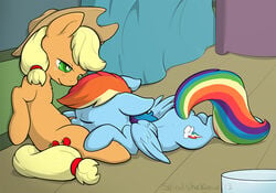 applejack_(mlp) blonde_hair blue_fur cunnilingus cutie_mark equine female feral friendship_is_magic green_eyes hair horse multicolored_hair my_little_pony oral oral_sex orange_fur pegasus pony rainbow_dash_(mlp) rainbow_hair ryoshockwave sex vaginal_penetration wings yuri