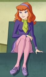 ai_generated breasts cartoon_network daphne_blake daphne_blake_(mystery_incorporated) dress green_scarf pantyhose pink_pantyhose purple_dress red_hair scarf scooby-doo scooby-doo!_mystery_incorporated shoes sitting