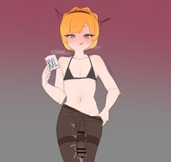 1boy :q black_bra blonde_hair blush bra braid brown_hairband closed_mouth condom condom_wrapper crown_braid gya_rb hairband highres holding holding_condom large_penis lobotomy_corporation penis project_moon short_hair smile tiphereth_b_(project_moon) tongue tongue_out underwear