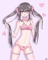 1female 1girls bow bow_bra bow_panties bra breasts draw_this_in_your_style dtiys filedel.chr heart hearts holding_hair holding_own_hair long_hair matching_underwear navel panties pink_bra pink_hair pink_panties