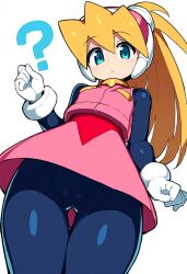 ? ai_generated blonde_hair blue_eyes bodystocking bodysuit cameltoe ciel_(mega_man) from_below looking_at_viewer mega_man mega_man_zero novelai pantyhose ponytail self_upload skirt upskirt