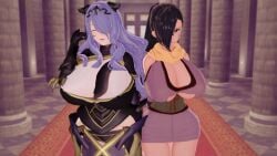 2girls 3d arisat ass bare_thighs black_sclera brown_eyes brown_hair camilla_(fire_emblem) carpet cleavage closed_eyes female female_only fire_emblem fire_emblem_fates gloves hair_over_one_eye hourglass_figure huge_breasts indoors inner_thighs kagero_(fire_emblem) large_ass long_hair looking_at_viewer multiple_girls nintendo panties pelvic_curtain pillar ponytail purple_hair scarf smile thighs underboob underwear wide_hips