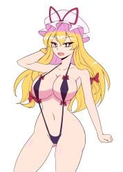 alternate_version_available arm_behind_head bagtroz black_bikini blonde_hair eosd2002 huge_breasts long_hair looking_at_viewer mob_cap skimpy_bikini slingshot_swimsuit touhou yakumo_yukari yukari's_gap_bikini_(meme) yukari_yakumo