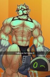 abs absurd_res anthro biceps bottomwear canid canine canis clothing electronics fur hair hi_res male male_only mammal mihoyo mixterart muscular muscular_anthro muscular_male pecs phone red_eyes simple_background tail text von_lycaon white_body white_fur wolf zenless_zone_zero