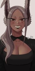 artist_name black_lipstick black_shirt blush boku_no_hero_academia cleavage dark_skin grin gud0c looking_at_viewer mirko miruko my_hero_academia naughty_face rabbit_ears red_eyes rumi_usagiyama simple_background smile tan_body teeth_showing white_hair