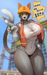 absurd_res anthro armor big_breasts bodily_fluids breasts building claws cleavage clothed clothing construction_worker domestic_cat felid feline felis female hard_hat headgear helmet hi_res huge_breasts inner_ear_fluff korean_text looking_at_viewer mammal midriff nipple_outline noruru3737 open_mouth outside pupils skimpy slit_pupils solo sweat tail text thigh_gap thong topwear translucent translucent_clothing tuft underwear vest wet wet_clothing whiskers yellow_eyes