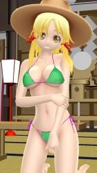 1girls 2024 3d bikini blonde_hair_female deity god green_bikini hat hati_yukkuri_mmd headwear indoors kneeling_female light-skinned_female looking_at_viewer mmd mountain_of_faith purple_string_bikini shrine solo_female solo_focus suwako_moriya swimsuit touhou yellow_eyes